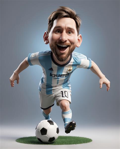 کاریکاتور خوشحال مسی در حال دویدن با توپ و کیت آرژانتین روی سکوی چمن و پس‌زمینه آبی خاکستری