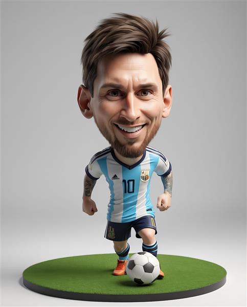 کاریکاتور سه بعدی لیونل مسی با لبخند و کیت آرژانتین روی زمین چمن مصنوعی با پس‌زمینه سفید خاکستری