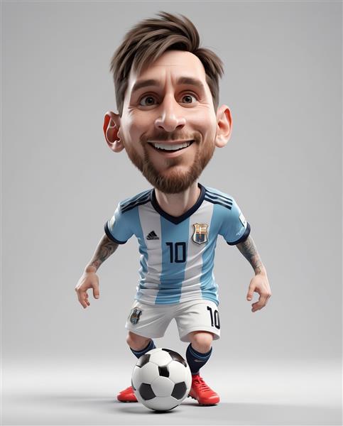 تصویر کاریکاتور مسی تمام قد با کیت آرژانتین با حالتی آرام و پس‌زمینه استودیویی و آبی پاستلی روشن