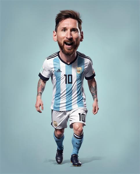 تصویر کاریکاتور مسی با توپ در حال لبخند زدن و کیت آرژانتین با پس‌زمینه استودیویی و خاکستری روشن