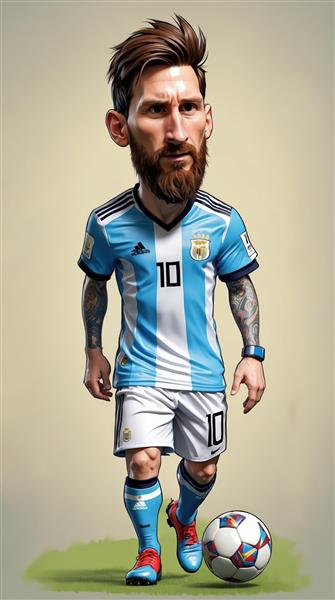 تصویر تمام قد کاریکاتور مسی با ریش کامل و کیت آرژانتین و توپ رنگارنگ در پس‌زمینه کم‌رنگ و استودیویی