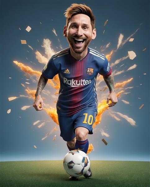 تصویر کاریکاتور مسی با لباس بارسلونا در حال دریبل زدن با افکت انفجار نارنجی در پس‌زمینه آبی آسمانی