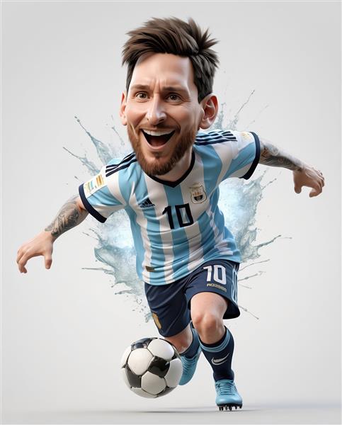 تصویر کاریکاتوری مسی با کیت آرژانتین در حال دریبل زدن و دویدن سریع با افکت پاشش آب بر پس‌زمینه سفید