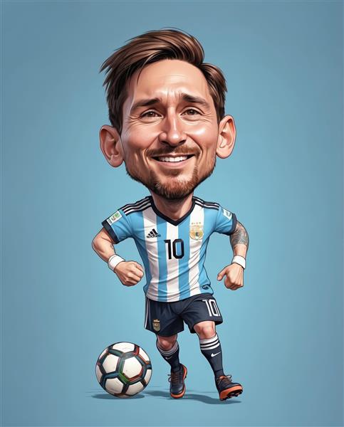 تصویر کاریکاتور باکیفیت و سه بعدی مسی با لباس تیم ملی آرژانتین در حال کنترل توپ با پس‌زمینه آبی روشن
