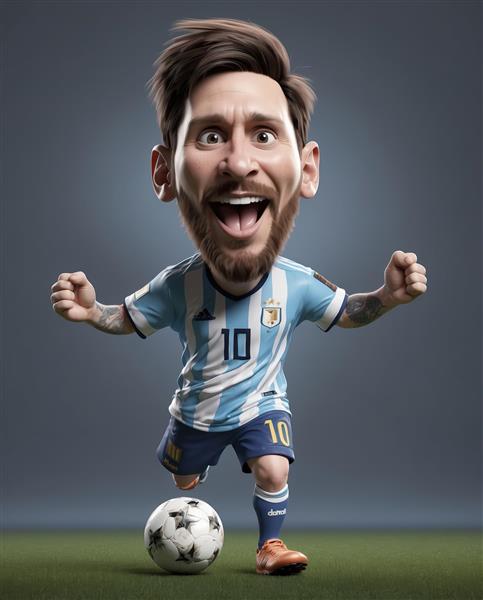 تصویر کاریکاتوری لیونل مسی با کیت آرژانتین در حال شادی و فریاد پیروزی روی چمن سبز با پس‌زمینه خاکستری