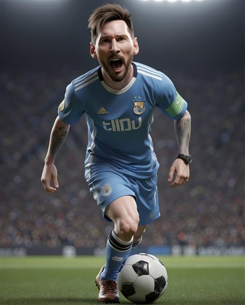 تصویر باکیفیت و نزدیک لیونل مسی با لباس آبی رنگ در حال دویدن و شوت زدن در مسابقه و استادیوم