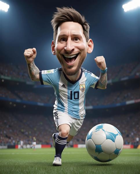 تصویر کاریکاتور لیونل مسی در حال شادی و دویدن با توپ در استادیوم بزرگ با نورافکن و پس‌زمینه تماشاگران