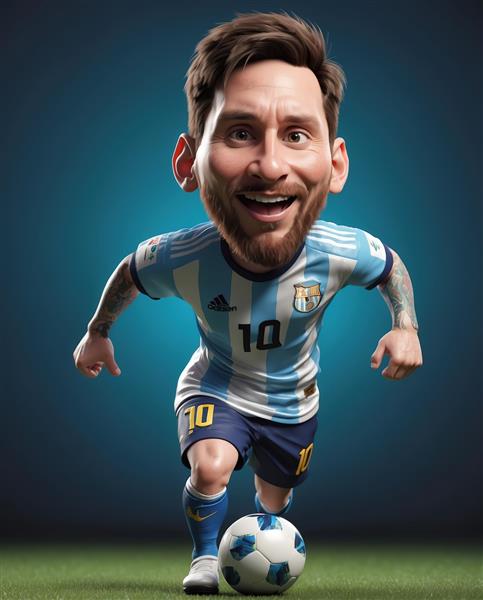 تصویر کاریکاتور سه‌بعدی لیونل مسی فوتبالیست با کیت آرژانتین و توپ روی چمن با پس‌زمینه آبی تیره