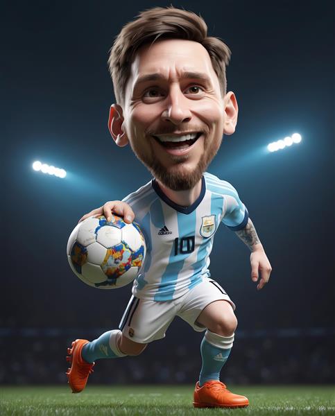 کاریکاتور مسی با توپ در دست در حال دویدن و شادی در استادیوم زیر نورافکن (پوستر ورزشی)