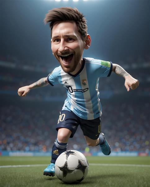 تصویر اکشن کاریکاتور مسی در حال دریبل با لبخند و هیجان در استادیوم (نورپردازی قوی)