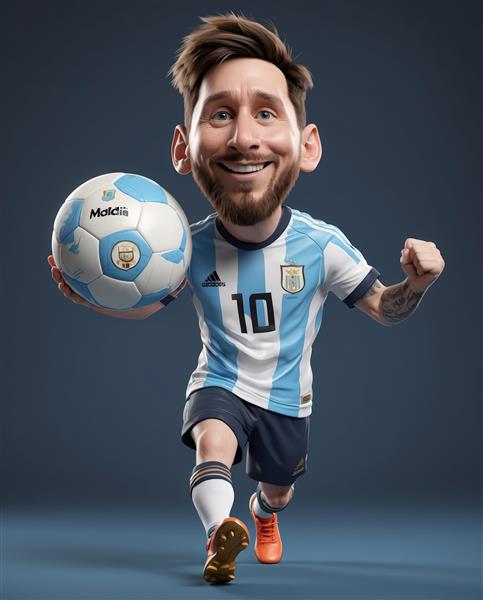 تصویر کاراکتر مسی در حال دویدن با توپ در دست و لبخند (استودیو با پس‌زمینه آبی)