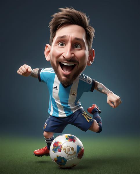 کاریکاتور مسی با لبخند هیجانی در حال دریبل با لباس آرژانتین و توپ رنگی (مناسب دکور)