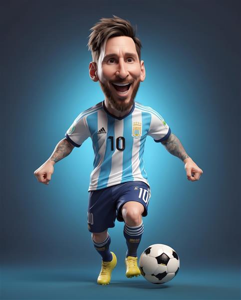 کاراکتر مسی در حال دریبل با لبخند و جلوه نورپردازی آبی در پس‌زمینه تیره