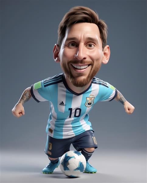 کاراکتر مسی با لبخند و توپ در حال کنترل با لباس آرژانتین (طرح استودیویی با پس‌زمینه ساده)
