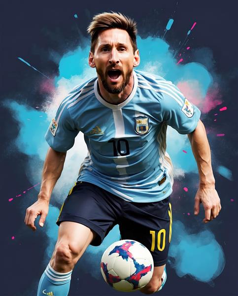 تصویر اکشن مسی با فریاد و انفجار رنگ آبی و صورتی در پس‌زمینه تیره