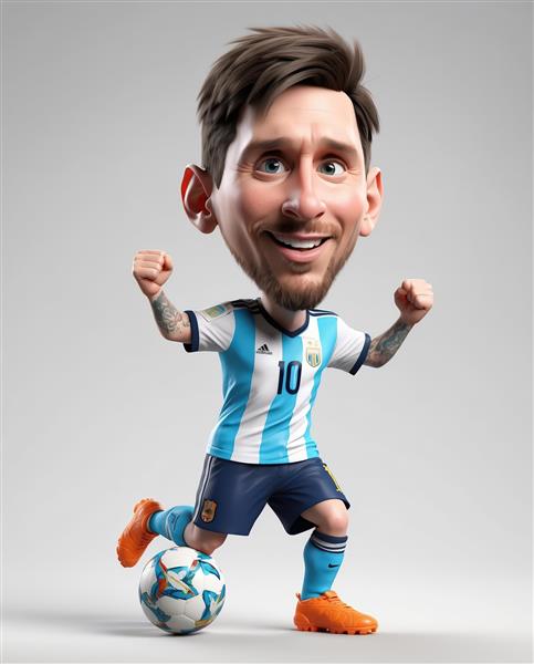 کاریکاتور مسی با شادی و مشت گره کرده در لباس آرژانتین در حال دریبل (پس‌زمینه سفید)