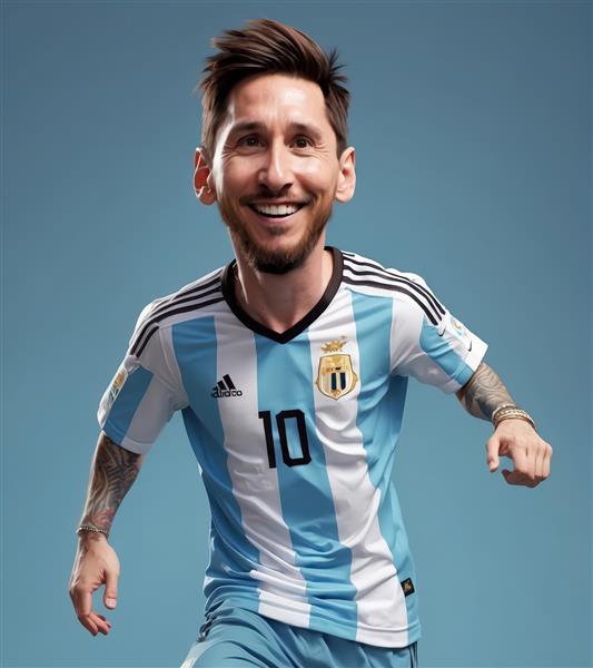 کاریکاترو نیم‌تنه کاراکتر مسی با لباس آرژانتین در حال لبخند با پس‌زمینه آبی