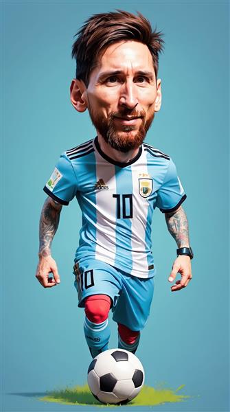 طرح کاریکاتوری مسی با پیراهن آرژانتین در حال کنترل توپ با لبخند و تمرکز