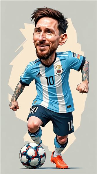 کاریکاتور مسی با خالکوبی و لبخند در حال دریبل زدن با توپ در لباس تیم ملی آرژانتین