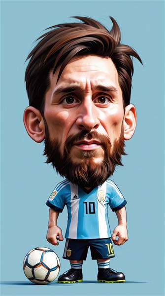 تصویر کاراکتر مسی با تمرکز جدی و پیراهن تیم ملی آرژانتین در استودیو با پس‌زمینه آبی