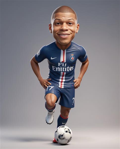 کاراکتر امباپه با پیراهن پاری سن ژرمن در حال کنترل توپ با پس‌زمینه ساده خاکستری