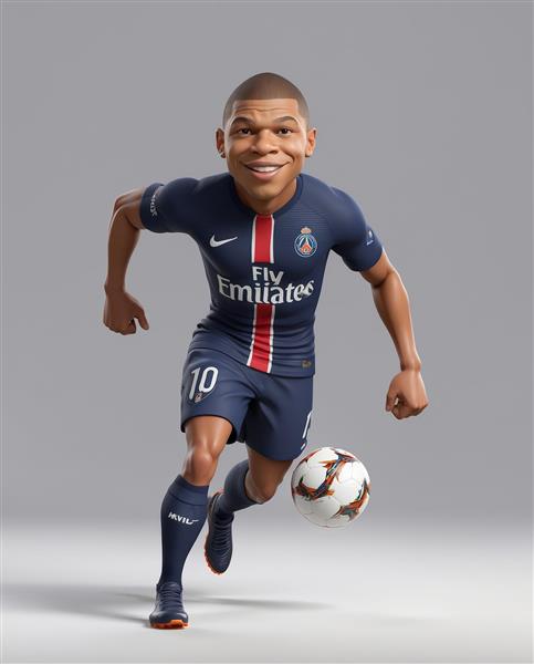 کاریکاتور امباپه با پیراهن پاری سن ژرمن در حال دریبل زدن توپ