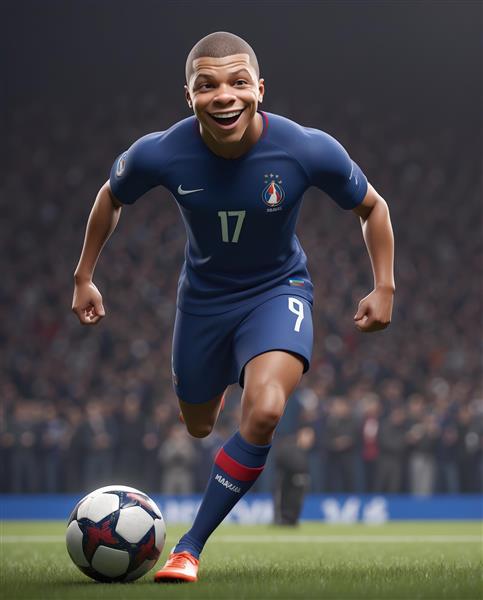 تصویر رئالیستی فوتبالیست امباپه در حال دویدن با لباس تیم ملی فرانسه در زمین چمن