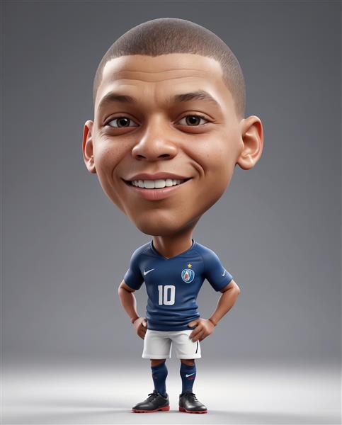 کاراکتر کامل ایستاده امباپه با لباس تیم ملی فرانسه و ژست دست به کمر (کاریکاتور استودیو)