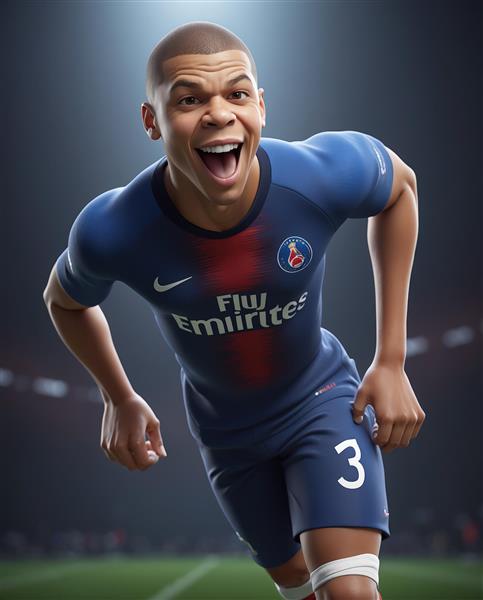 عکس نزدیک امپاپه با لباس پاری سن ژرمن در حال دویدن با دهان باز و ابراز هیجان (استادیوم)