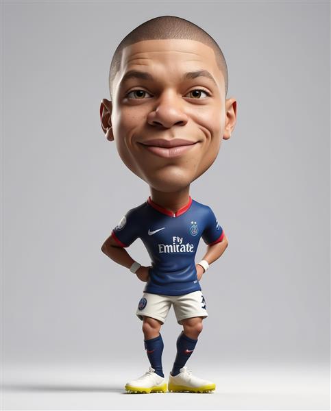 کاریکاتور ایستاده امباپه با سر بزرگ و پیراهن پاری سن ژرمن با دست روی کمر (فایل باکیفیت)