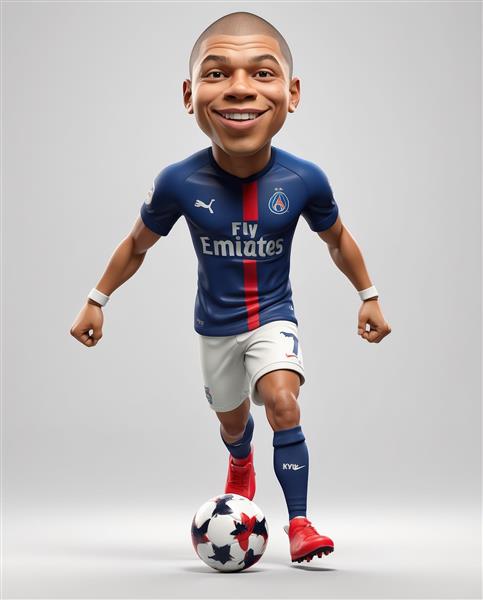 کاراکتر کامل امباپه در حال کنترل توپ با لباس پاری سن ژرمن با پس‌زمینه سفید (طرح جدا شده)