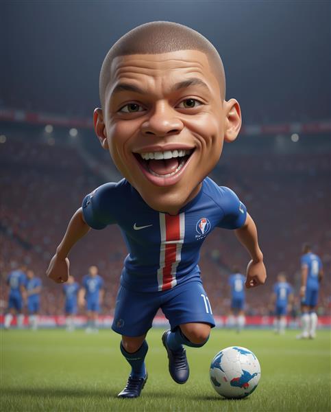 کاریکاتور امباپه با لبخند بزرگ در حال دویدن در زمین فوتبال و استادیوم شلوغ (کیفیت بالا)