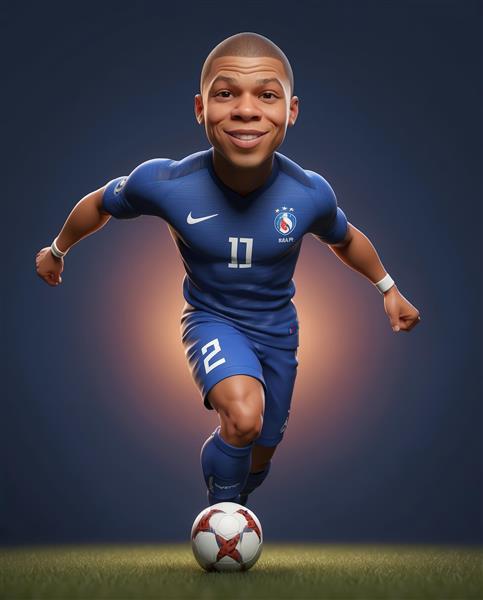 کاراکتر امباپه در لباس تیم ملی فرانسه در حال دویدن با توپ (طرح سه بعدی کارتون ورزشی)