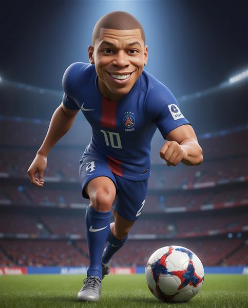 تصویر کاریکاتوری امباپه در حال دریبل زدن با توپ در استادیوم زیر نور افکن (پوستر ورزشی)