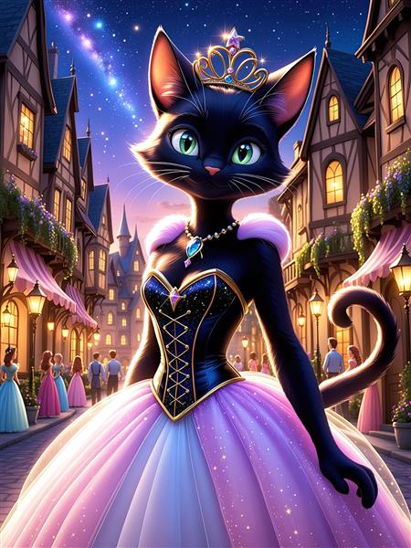 عکس گربه مشکی پرنسسی با لباس مجلسی پف‌دار و تاج الماس در کوچه قدیمی اروپایی زیر آسمان شب