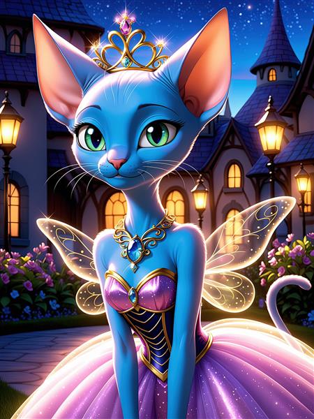 طرح خاص گربه نژاد اسفینکس آبی رنگ در نقش پری با تاج و بال‌های درخشان (جلوه شب)