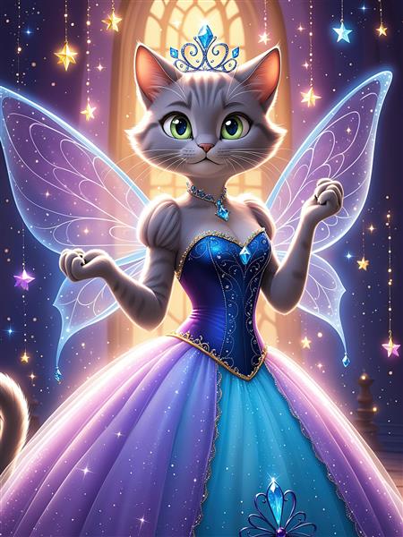 تصویر گربه پری طوسی با بال‌های درخشان و لباس مجلسی بنفش در قصر تاریک (جلوه جادویی)