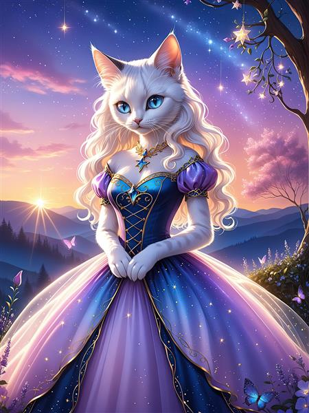 پوستر گربه اشرافی با موهای بلوند و لباس مجلسی آبی بنفش در غروب شفق‌گون کوهستان (طرح سلطنتی)