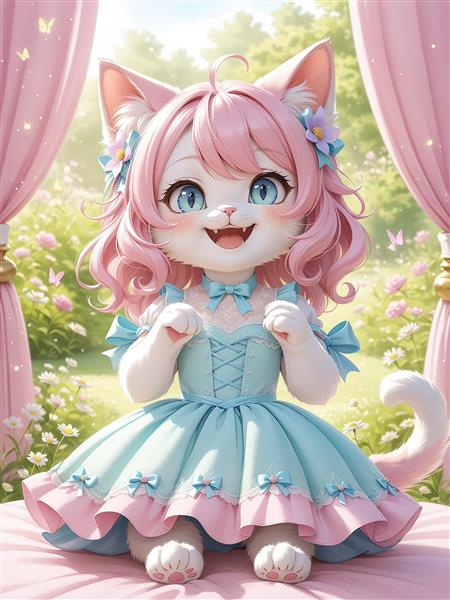 عکس نزدیک گربه پشمالو با موهای صورتی و لباس آبی پاستلی در باغ (پرنسس انیمیشنی)