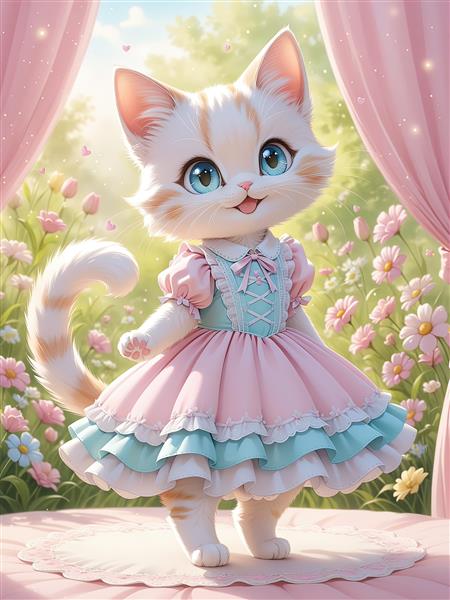 صویر باکیفیت گربه بامزه با چشمان آبی در میان پرده‌های صورتی و گل‌های بهاری