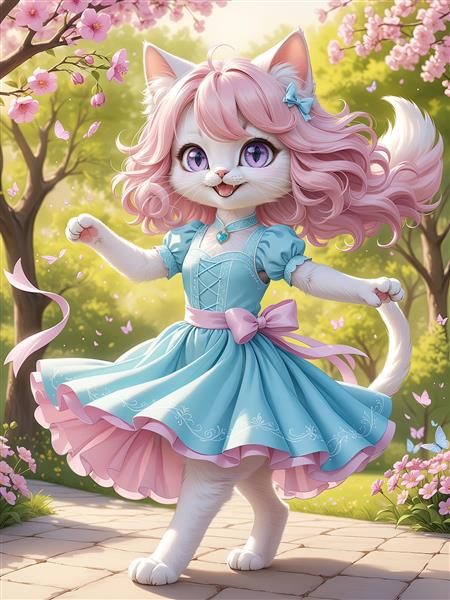عکس گربه کارتونی با موهای صورتی در باغ شکوفه‌های بهاری با لباس آبی و صورتی