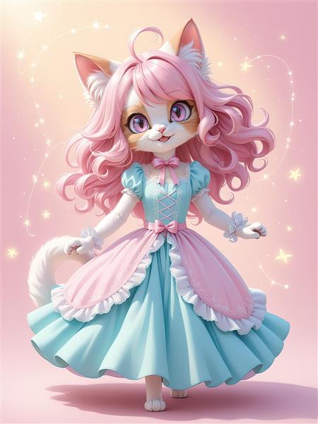 طرح گرافیکی گربه کیوت با موی صورتی و لباس آبی و صورتی پف‌دار (استایل فانتزی و انیمیشنی)