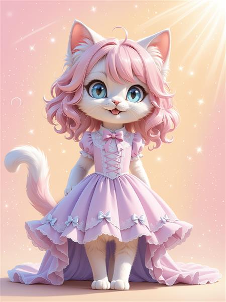 تصویر عمودی گربه فانتزی با موهای صورتی، پیراهن پرنسسی پاستلی و نور خورشید