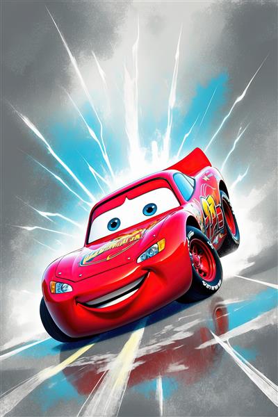 طرح گرافیکی مک‌کوئین با چرخ‌های بزرگ و افکت رنگ آبی اسپری رنگ در پس‌زمینه (استایل طراحی)