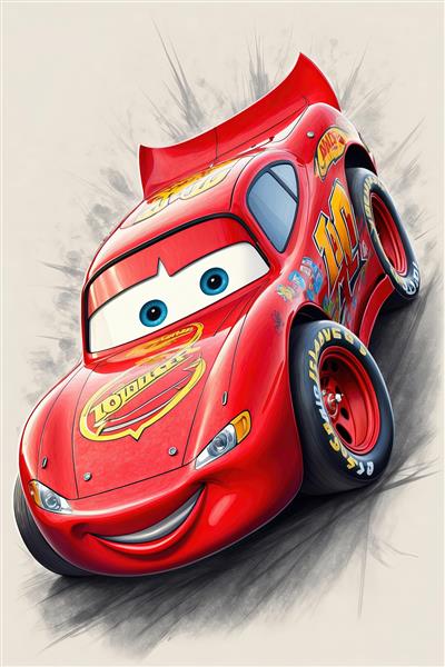 نقاشی دیجیتال لایتنینگ مک‌کوئین با استایل کارتونی و خطوط طراحی (مناسب پوستر کودک و تابلو)