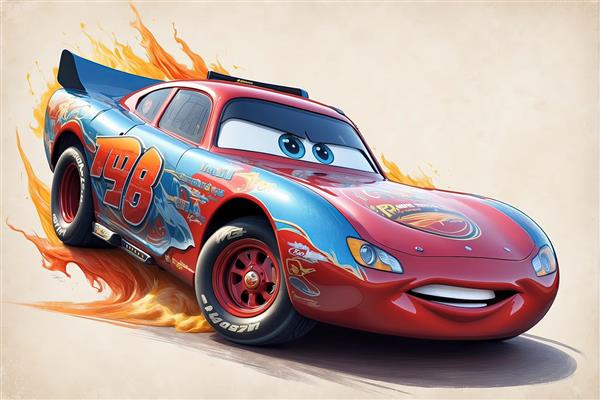 طرح مک‌کوئین با رنگ‌آمیزی آبی و قرمز شماره ۹۸ با شعله‌های آتش در پس‌زمینه روشن (کیفیت بالا)