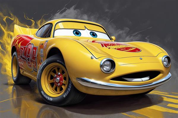 لایتنینگ مک‌کوئین با سرعت فوق‌العاده در مسابقه، طرح کارتونی با پس‌زمینه متحرک و رنگارنگ