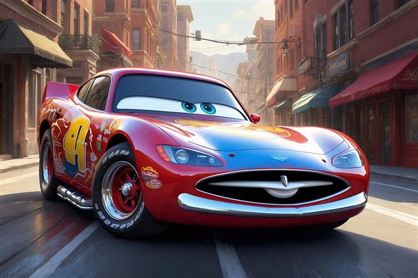 کلوزآپ لایتنینگ مک‌کوئین با نگاه متمرکز، پرتره شخصیت کارتونی ماشین‌ها