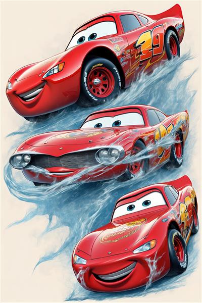 تصویر گرافیکی لایتنینگ مک‌کوئین در حال پرش و سبقت گرفتن، صحنه اکشن و سریع مسابقه