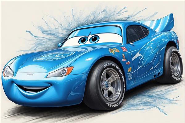 تصویر لایتنینگ مک‌کوئین از زاویه پایین با پس‌زمینه نورهای مسابقه، طرح کارتونی هیجان‌انگیز